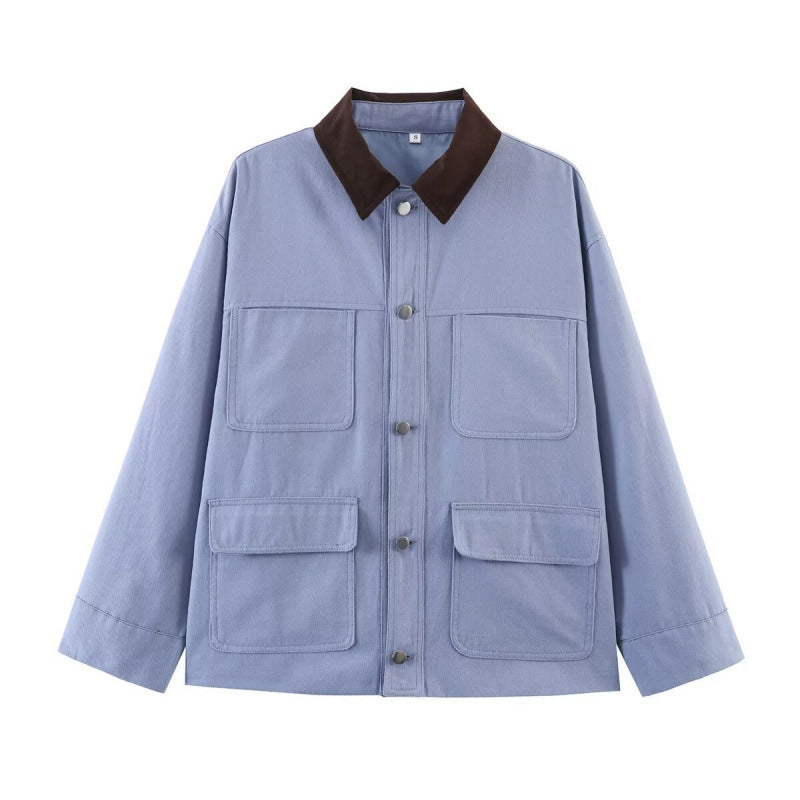 Women's Overshirt Jacket with Contrast Collar and Four Patch Pockets Chichicherry