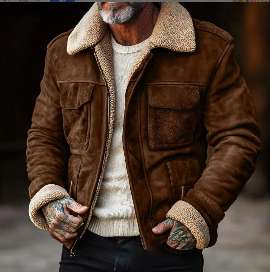 Men's flight jacket made of suede leather with teddy lining and patch pockets Chichicherry