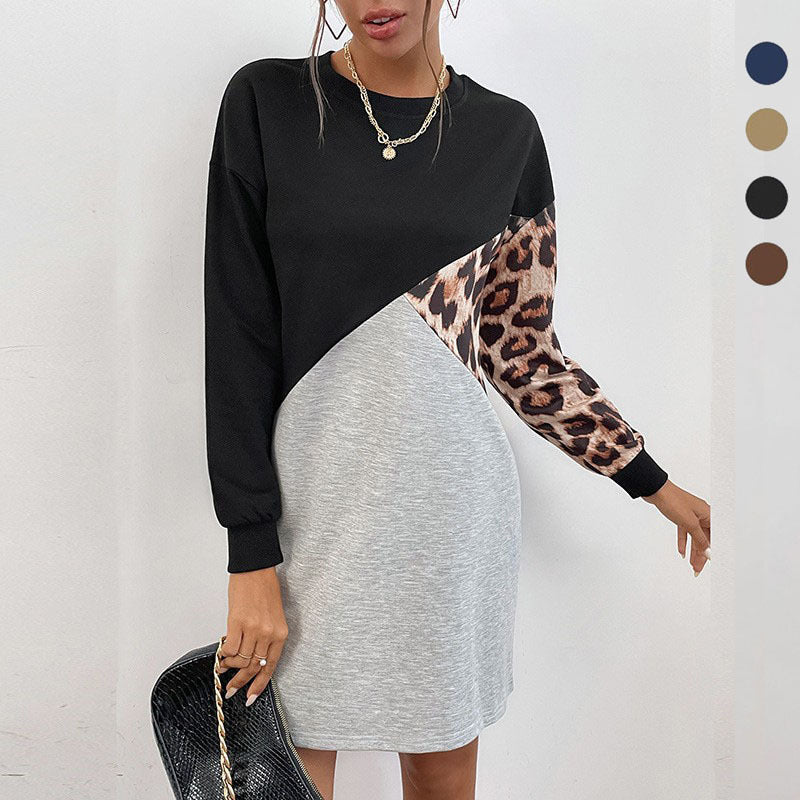 Ladies Oversized Sweat Dress with Color Block Design and Leopard Sleeves Chichicherry