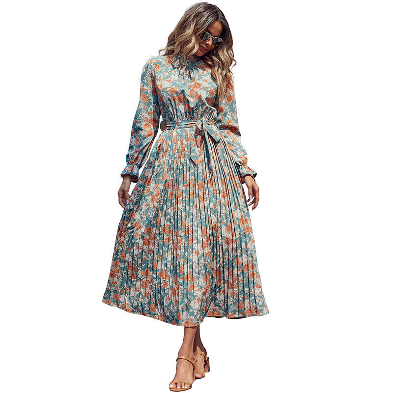 Women's Elegant Pleated Dress with Floral Print, Gathering at the Collar and Tied Belt Chichicherry