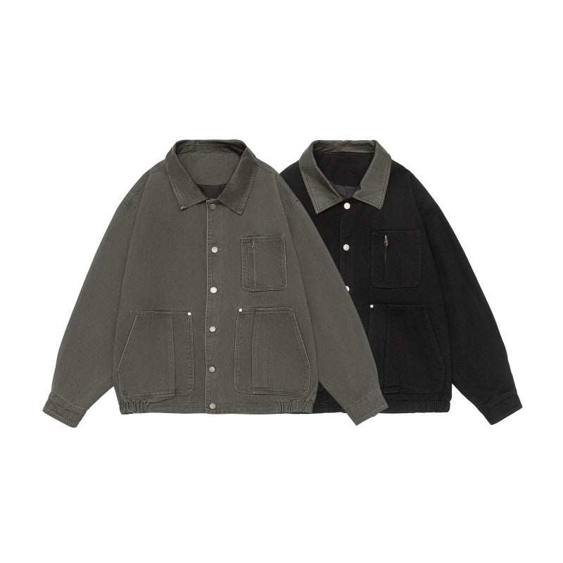 Men's Boxy Canvas Field Blouson with Snap Button Placket and Large Utility Pockets Chichicherry