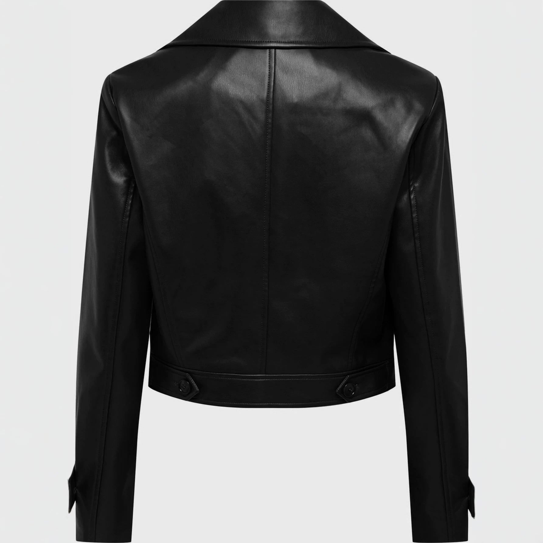 Women short cut double-breasted leather jacket with wide lapels Chichicherry
