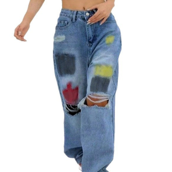 Women's wide Denim jeans with paint splatter and distressed knees Chichicherry