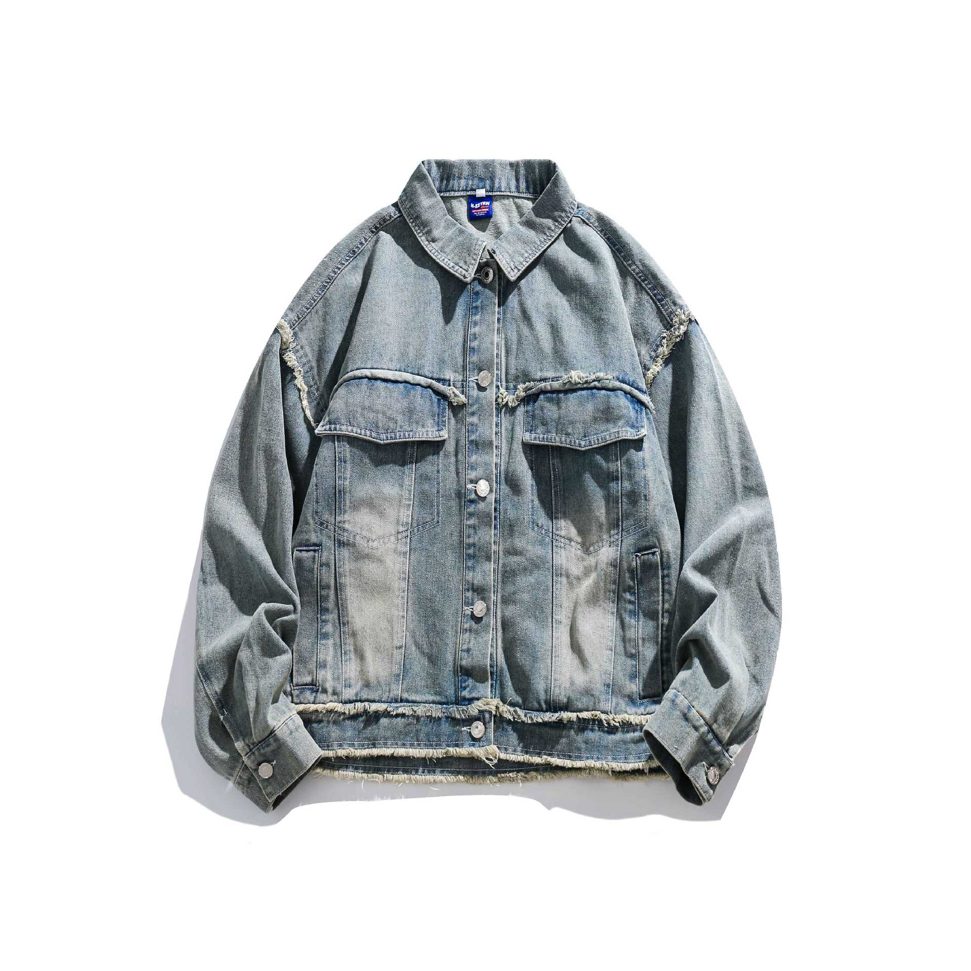 Unisex Oversize Denim Jacket with Fringe Finishes and Utility Pockets Chichicherry