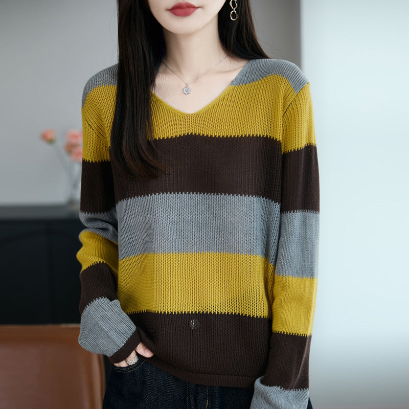 Women Light V-Neck Fine Knit Sweater with Wide Block Stripes and Relaxed Fit Chichicherry