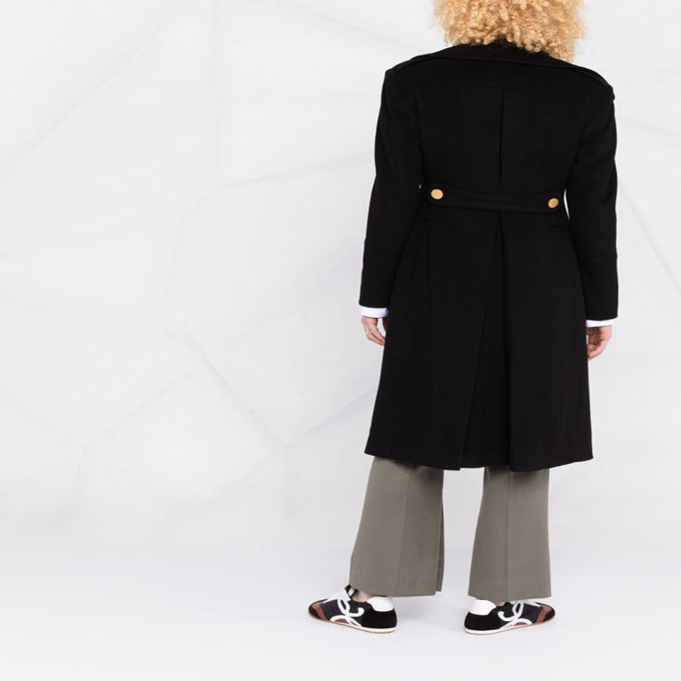 Women's Double-Breasted Long Coat in Naval Coat Style with Distinctive Metal Buttons Chichicherry