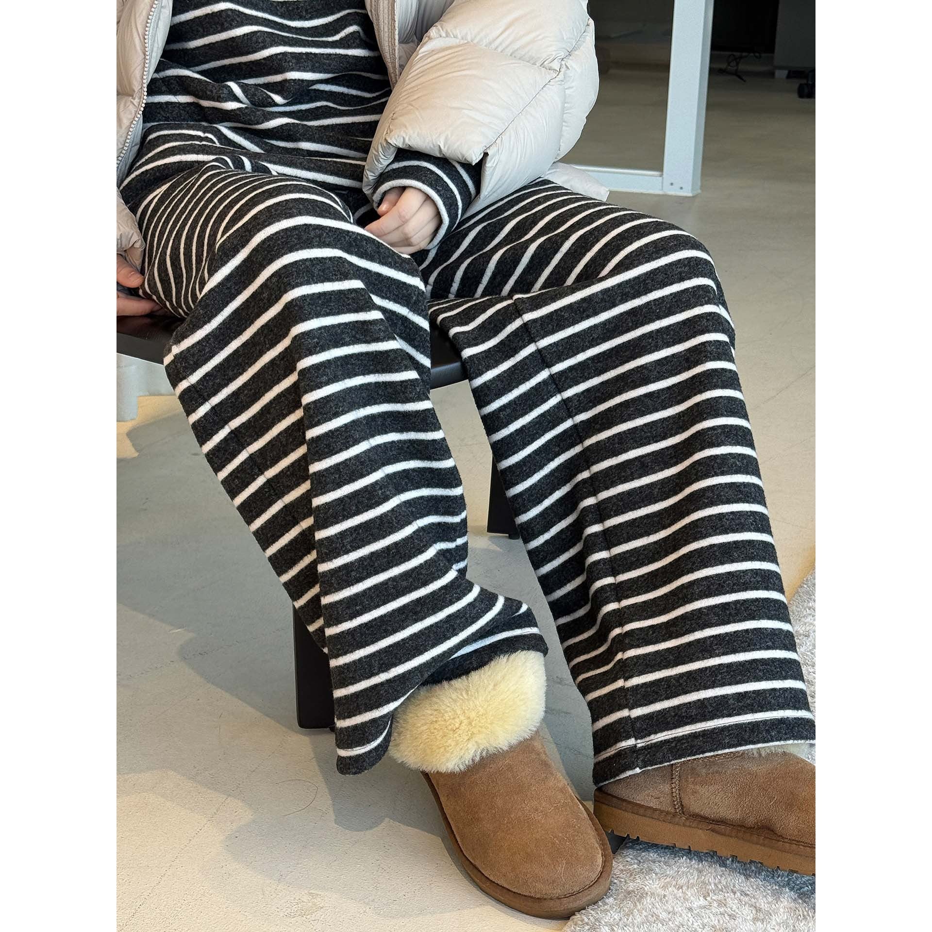 Women Striped Lounge Pants with High Waist, Drawstring and Wide Palazzo Cut Chichicherry