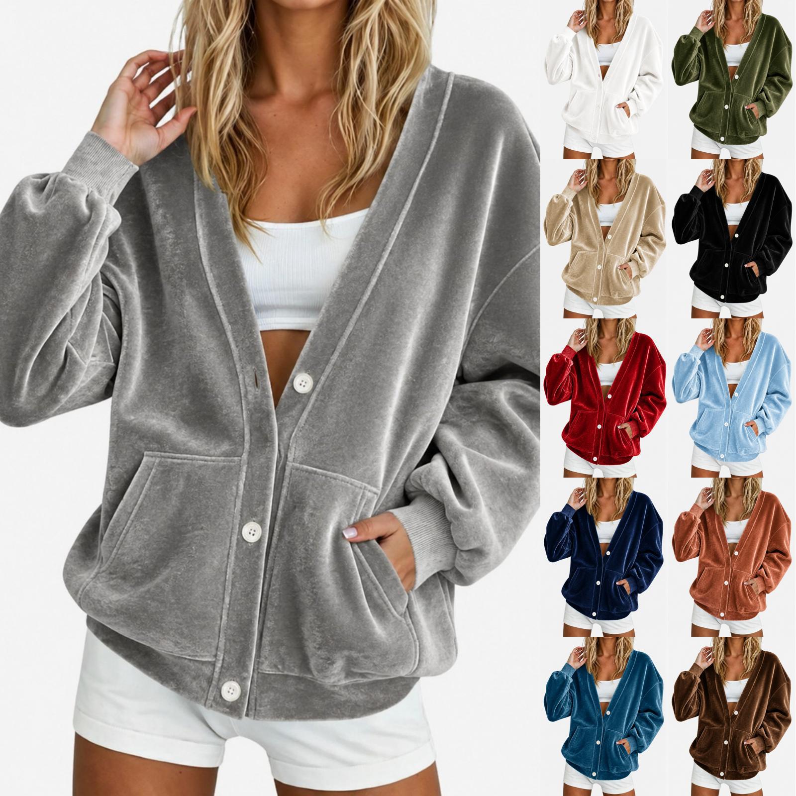 Women's Oversized Velvet Cardigan with Deep V-Shape, Balloon Sleeves, and Patch Pockets
