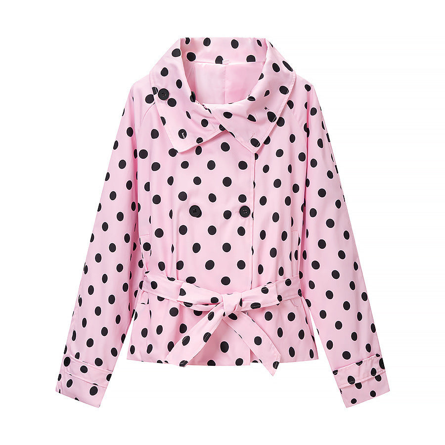 Women's short trench coat in polka dot pattern, double-breasted with belted waist Chichicherry