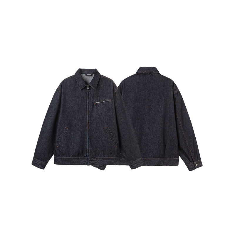 Men's Boxy Denim Jacket with Full Zip, Chest Zip Pocket and Shirt Collar Chichicherry
