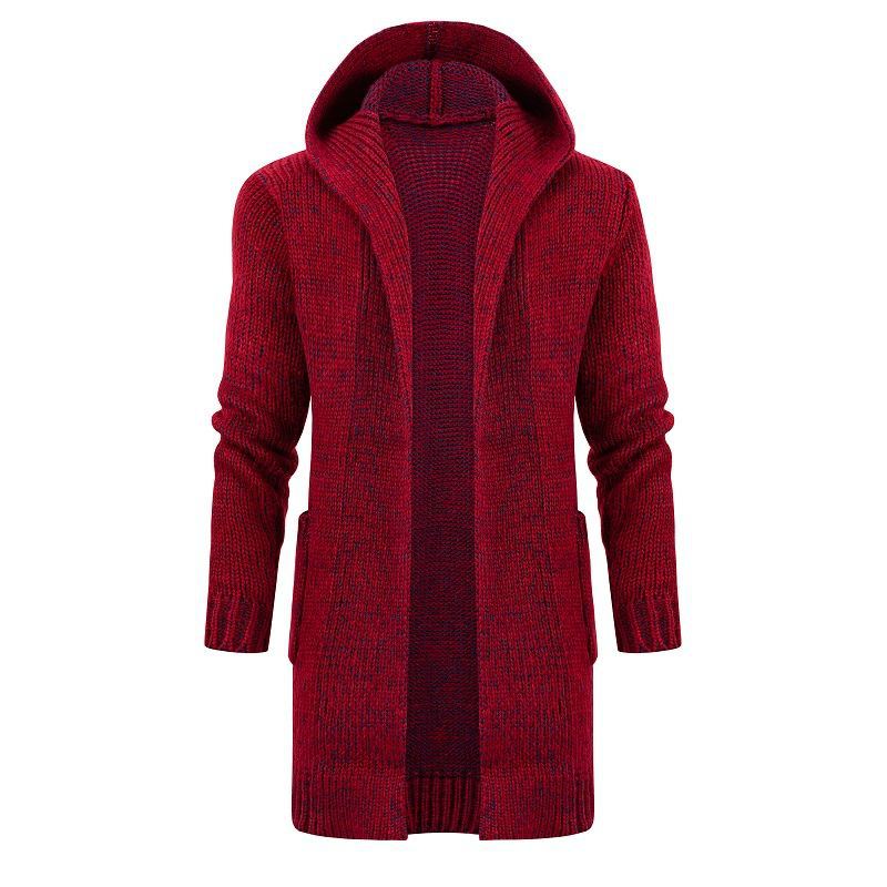 Women's Long Hooded Knit Cardigan with Deep Ribbed Texture and Patch Pockets Chichicherry