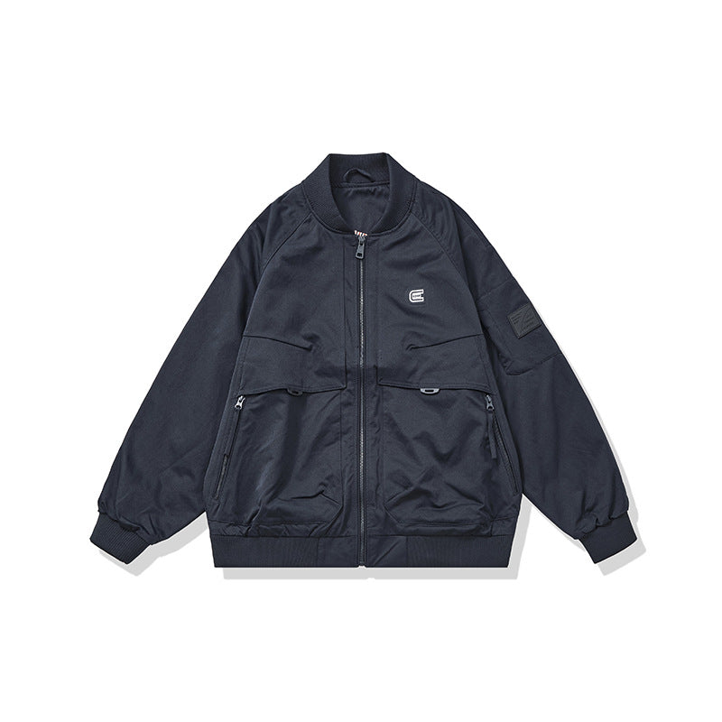 Unisex Short Cut Boxy Bomber Jacket in Utility Look with Front Zip, Flap Pockets and Ribbed Cuffs Chichicherry