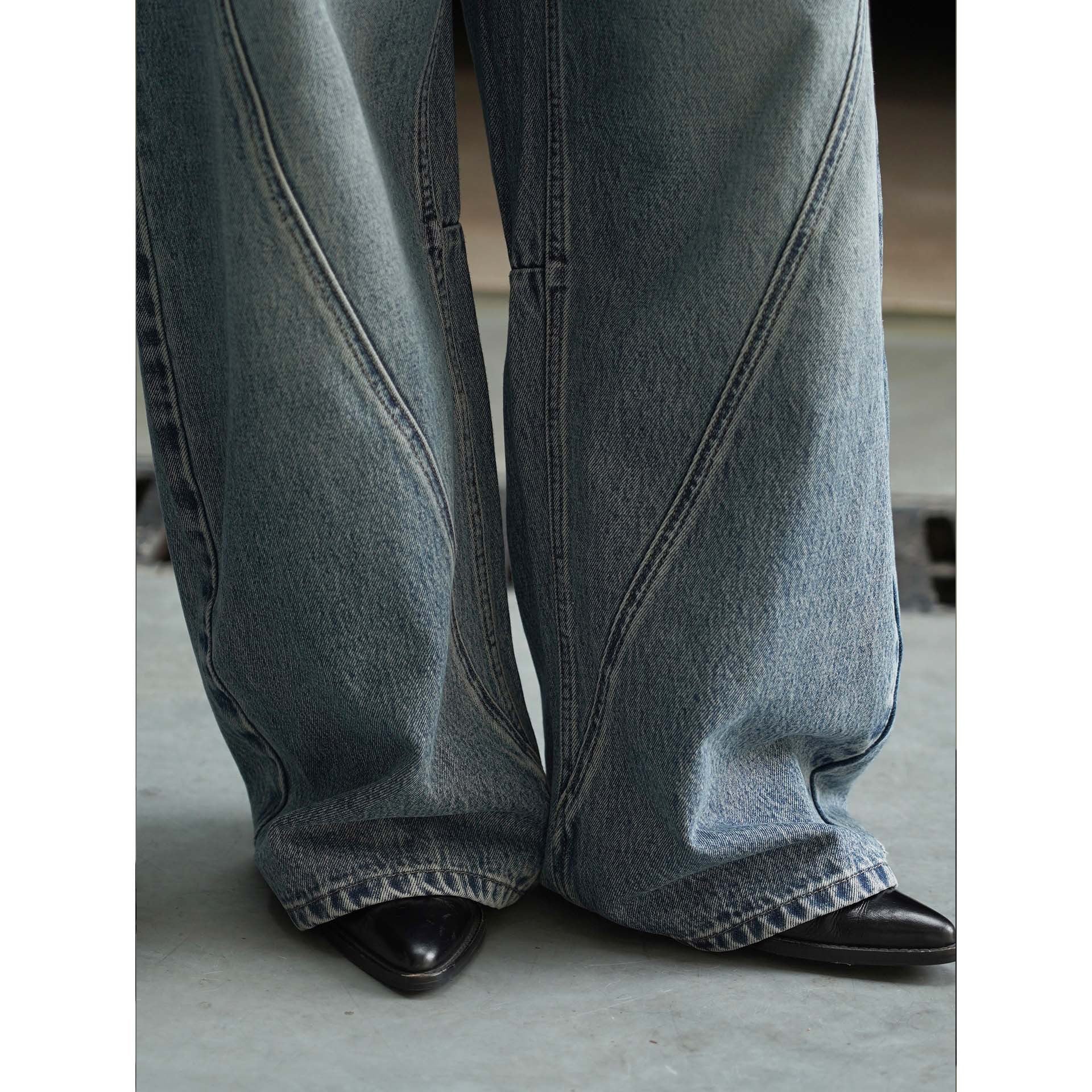 Women's High-Waisted Baggy Denim Pants with Curved Seam Details Chichicherry