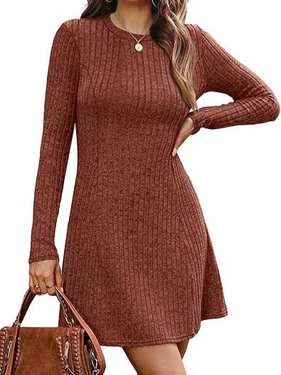 Women's ribbed knit dress with round neckline and figure-flattering A-line silhouette Chichicherry