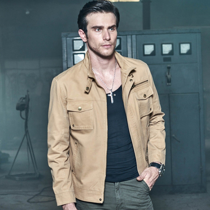 Men's slim canvas field jacket with military pocket detailing and stand collar Chichicherry