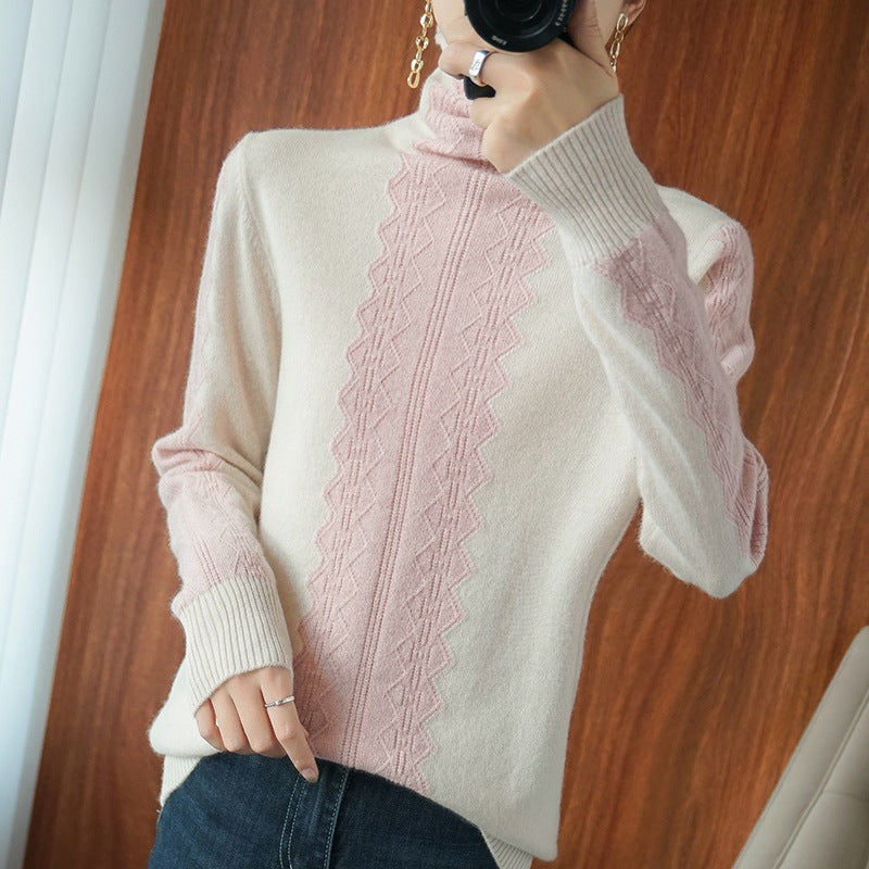 Women's premium turtleneck sweater made of fine knit with centered lace cable structure Chichicherry