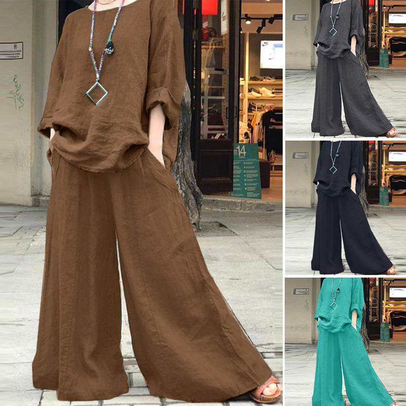 Women's Airy Linen Lounge Set with Boxy Tunic and Extra Wide Palazzo Pants Chichicherry