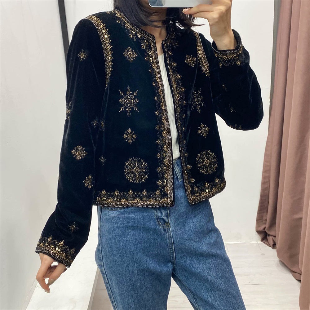 Women's Velvet Short Jacket with Ornamental Bead and Decorative Embroidery Chichicherry