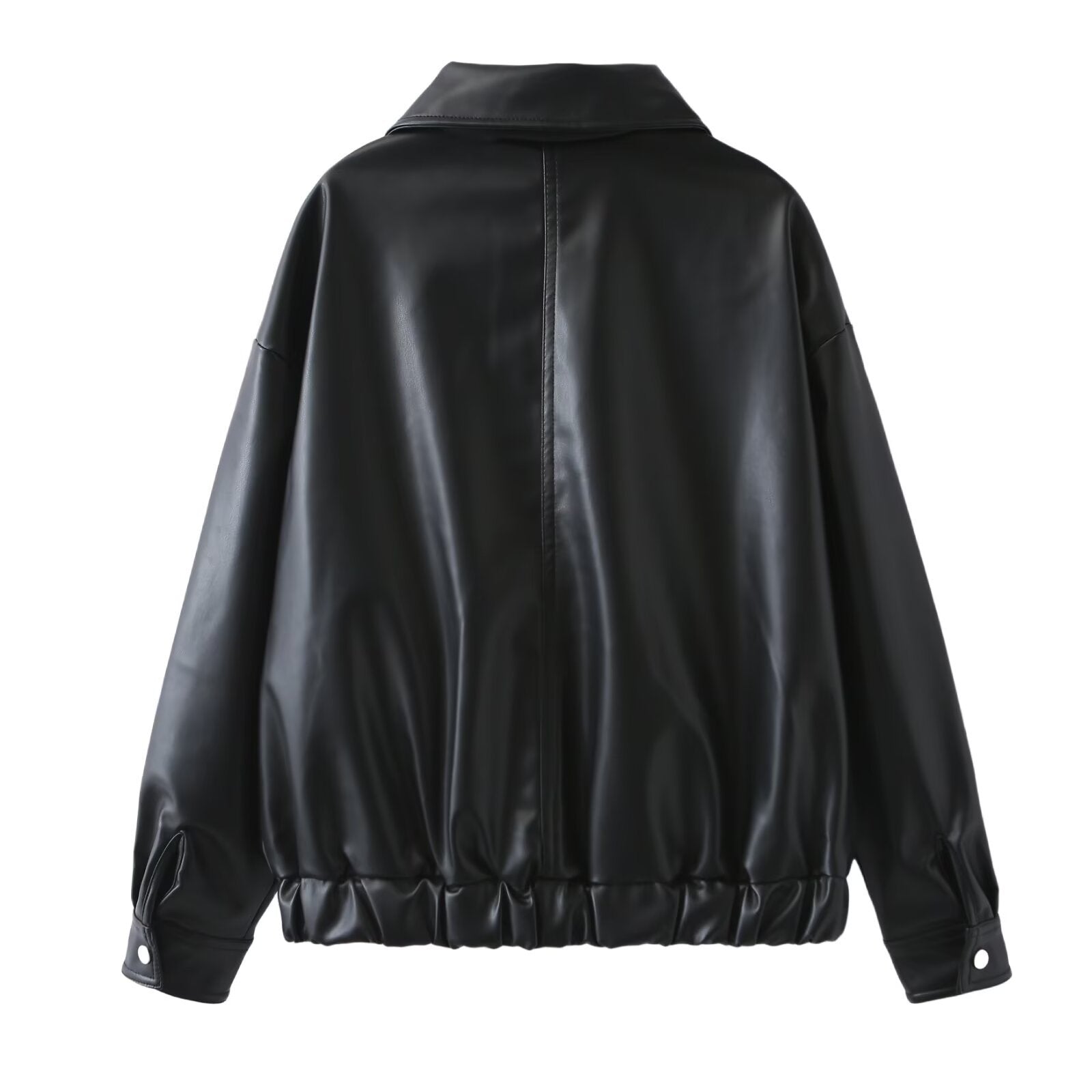 Women's Oversize Faux Leather Bomber Jacket with Zipper, Elastic Hem and Flap Pockets Chichicherry
