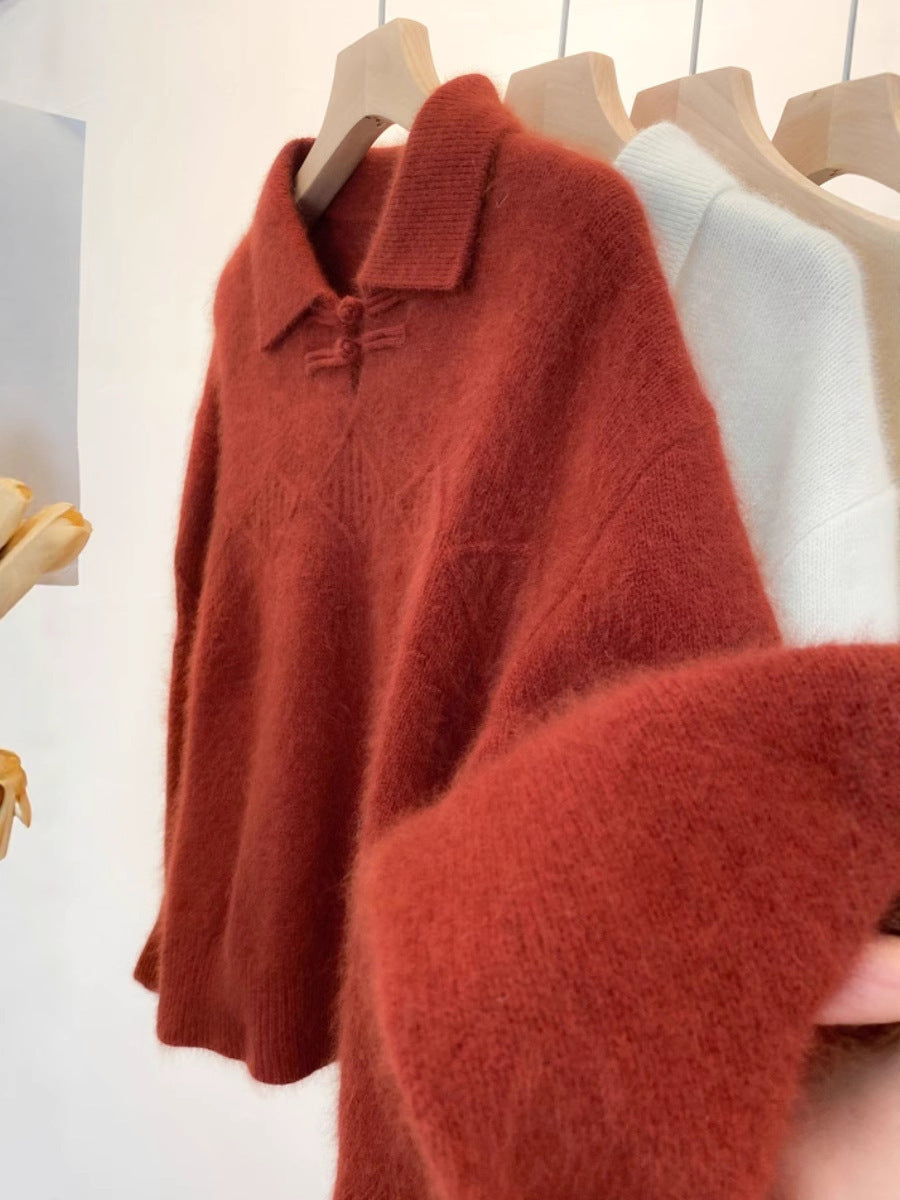 Women's polo collar sweater in mohair look with ajour cable pattern, dropped shoulders and loose silhouette Chichicherry