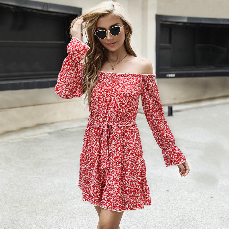 Women off-shoulder floral dress with bardot neckline, belted waist and ruffled hem