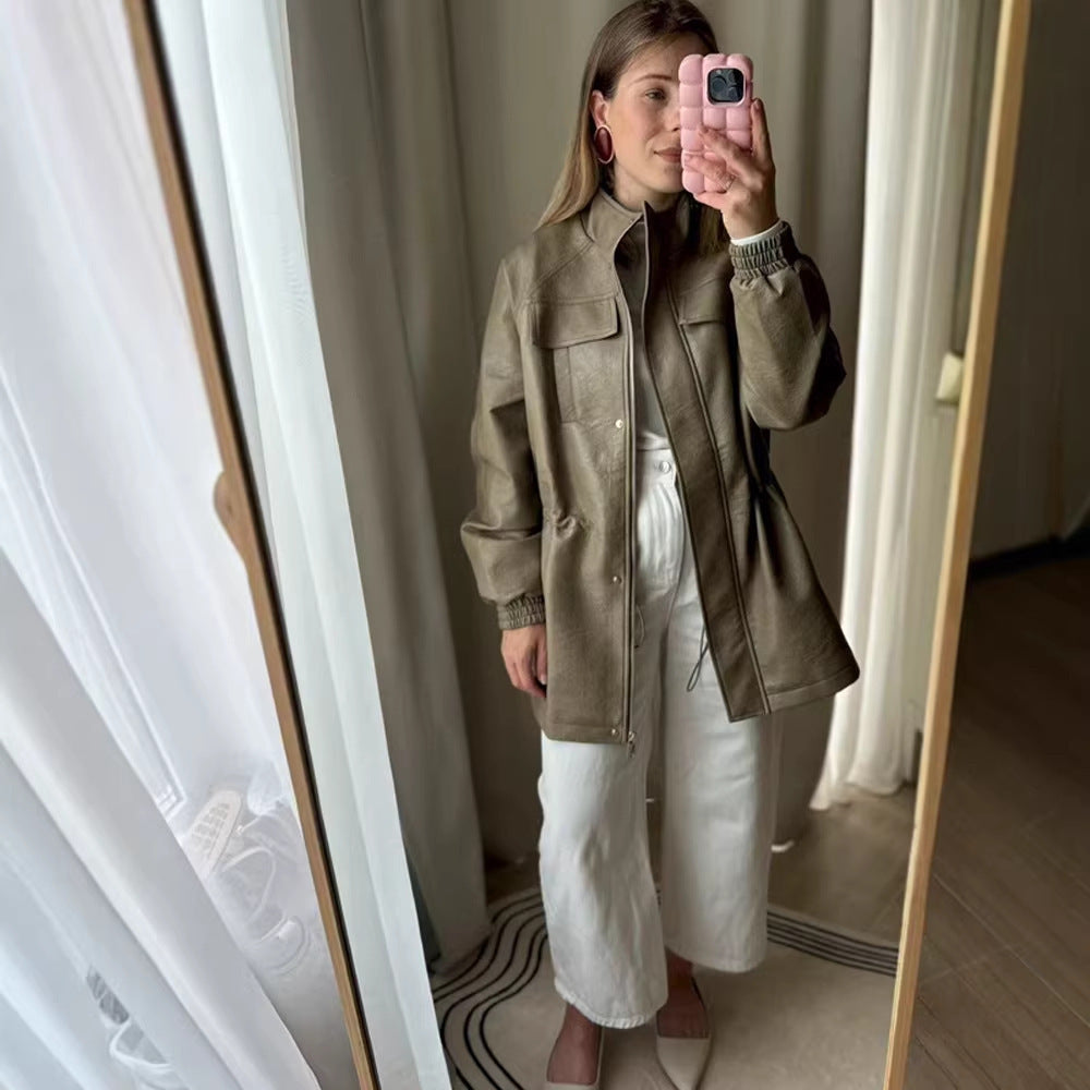 Women's faux leather parka with drawstring waist, stand-up collar, and flap pockets Chichicherry