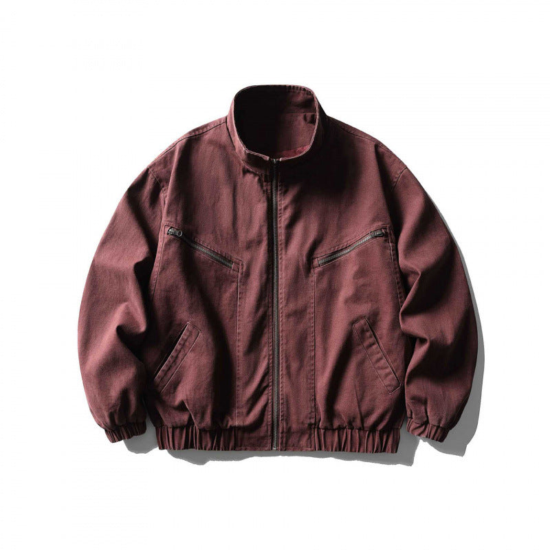 Unisex Boxy Zip Blouson Jacket made of Canvas with Stand-Up Collar, Asymmetrical Zipper Pockets and Elastic Hem Chichicherry