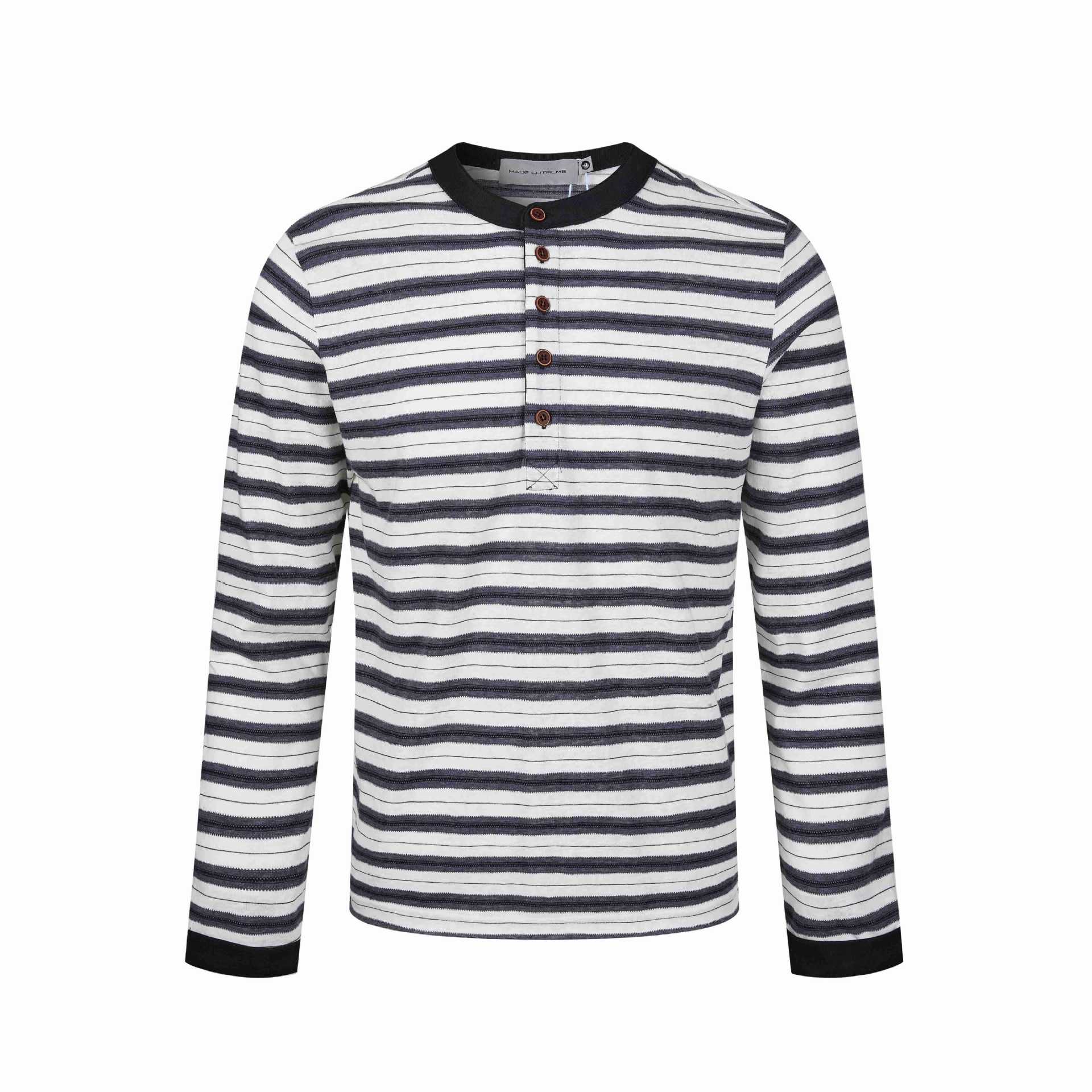 Men's long sleeve Henley shirt with striped texture and contrast collar Chichicherry