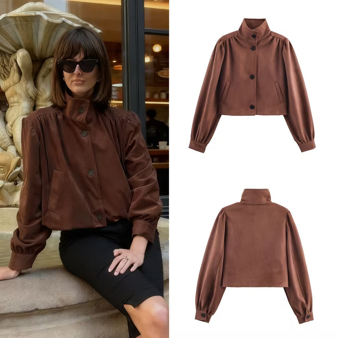 Women's short-cut suede-look jacket with stand-up collar, balloon sleeves, and pocket flaps Chichicherry