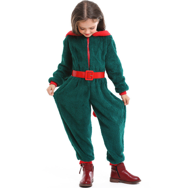 Girls cozy Christmas overall with hood and belt Chichicherry