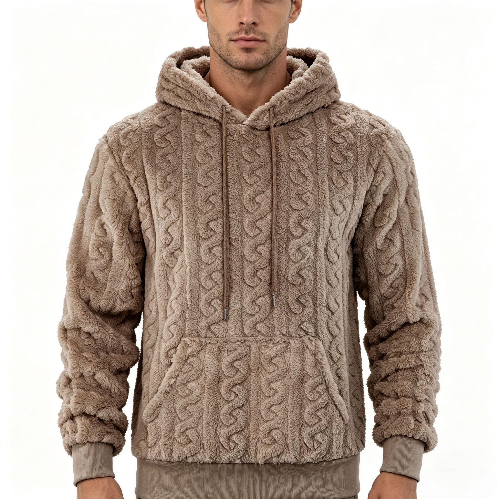 Men's Sherpa Hoodie with Cable Knit Pattern, Kangaroo Pocket and Ribbed Cuffs Chichicherry