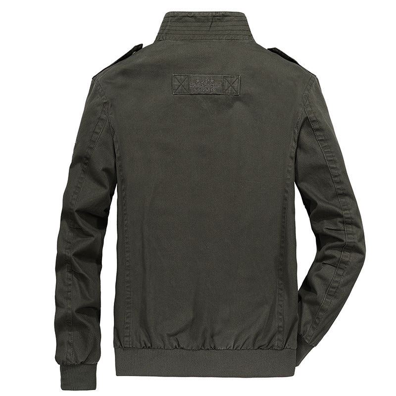 Men's utility canvas jacket with high stand-up collar, shoulder patches, and double front opening Chichicherry