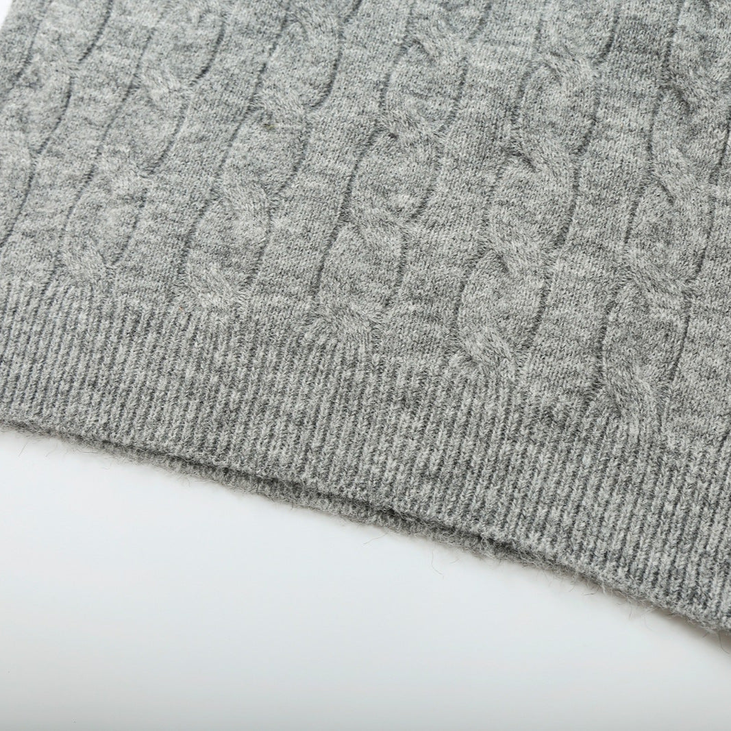 Women’s Coarse Knit Cable Pattern Sweater with Open Polo Collar and V-Neck Chichicherry