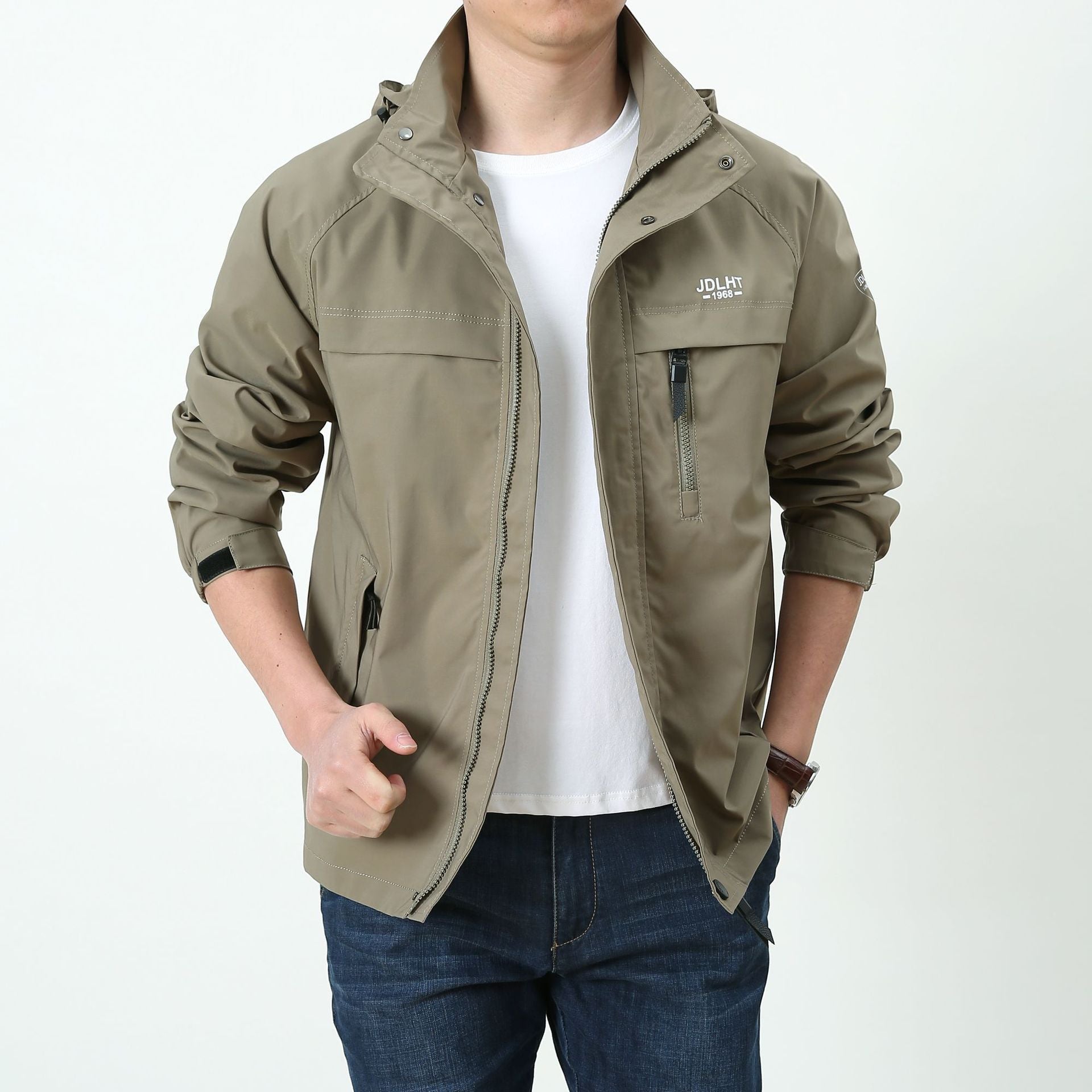 Men's Lightweight Softshell Utility Jacket with Hood, Windproof Shell and Multiple Pockets Chichicherry