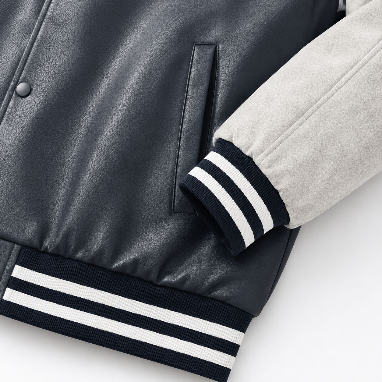 Men's varsity bomber jacket in retro college style with faux leather body and contrast sleeves Chichicherry