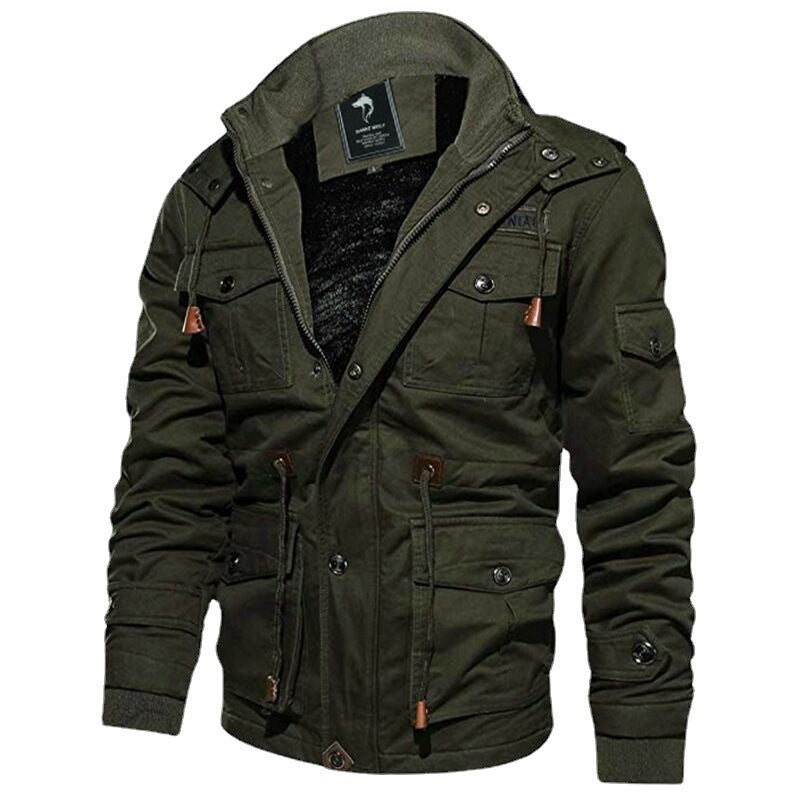 Men's Military-Inspired Canvas Field Jacket with Hood, Drawstring Waist and Fleece Lining Chichicherry