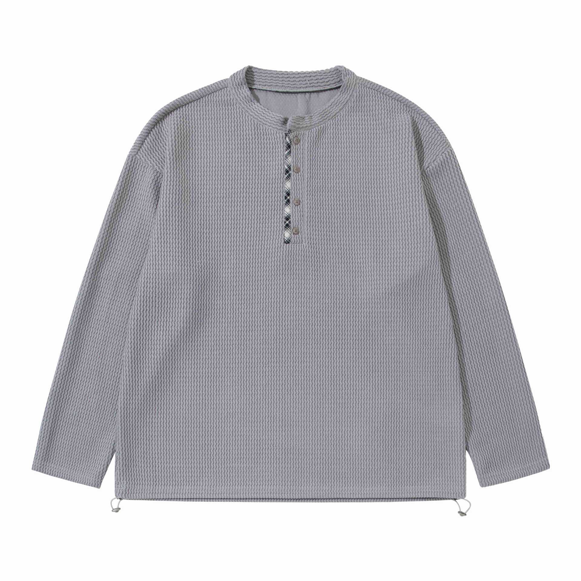 Unisex Waffle Knit Henley Pullover with Drawstring Hem Chichicherry