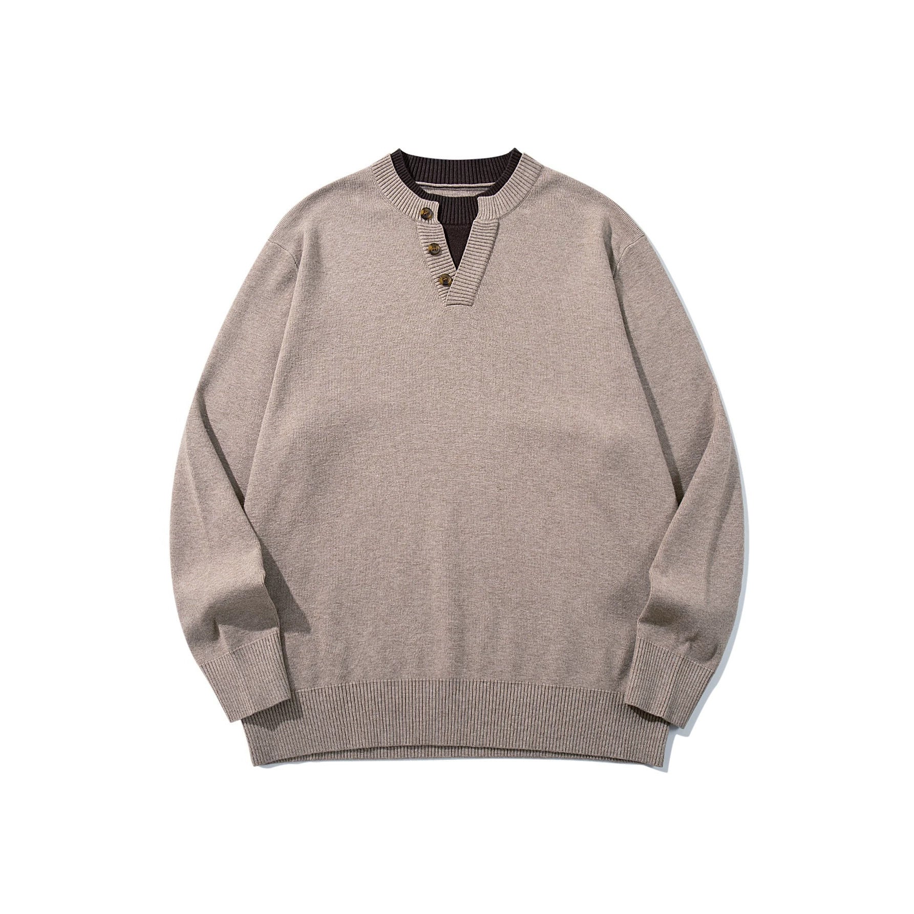 Unisex Ribbed Cotton Blend Sweater with Henley Button Placket and Relaxed Fit Chichicherry