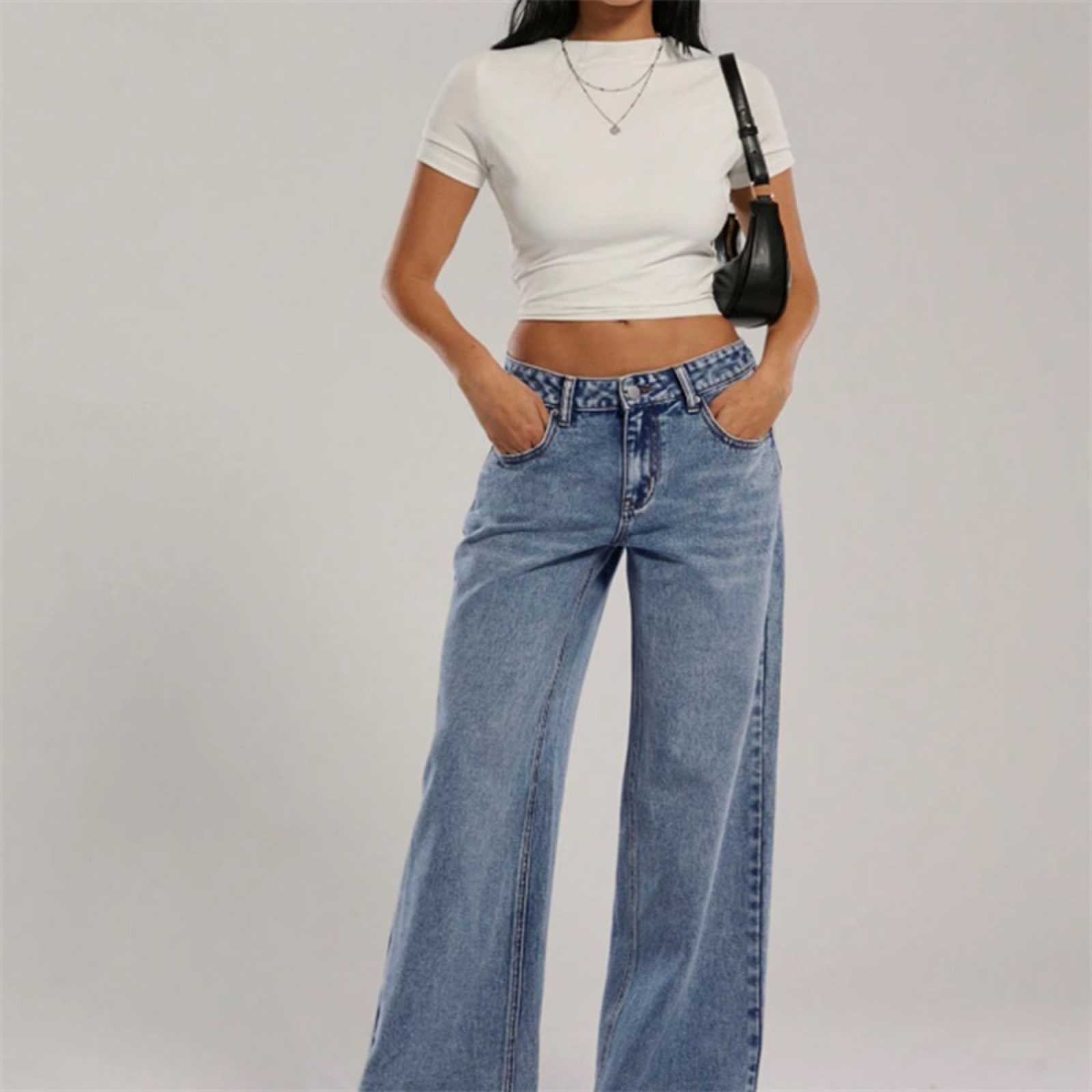 Women's High-Waisted Denim Pants with Extra Wide Leg and Clean Vintage Wash Chichicherry