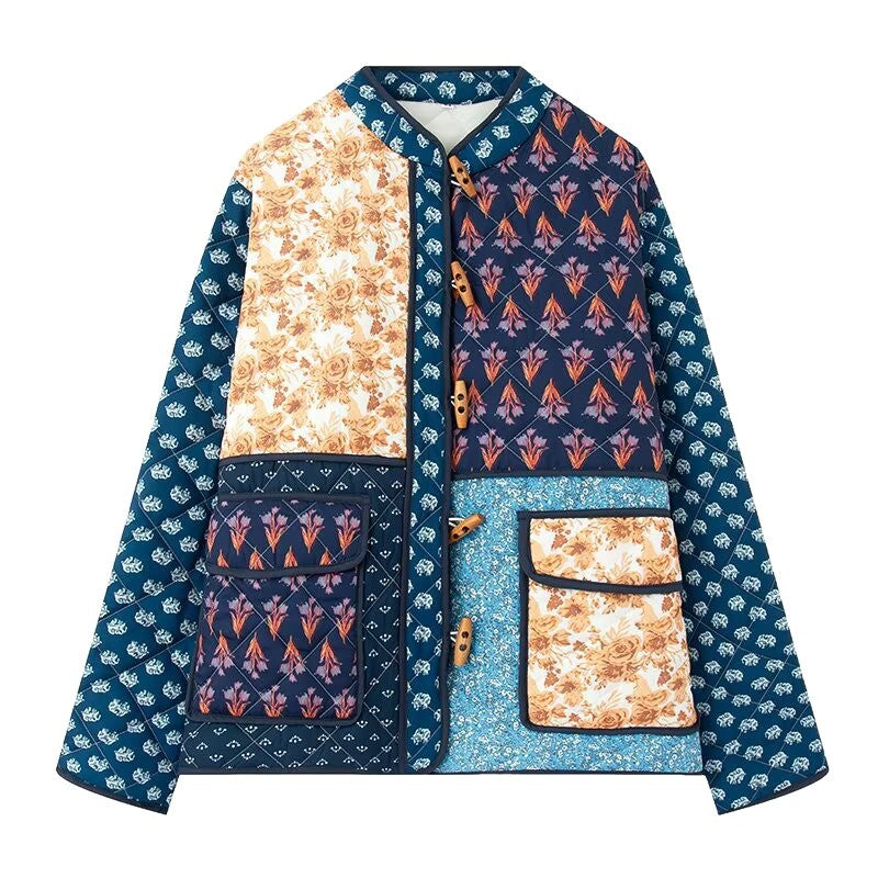 Women Padded Patchwork Quilted Jacket with Toggle Closures and Patch Pockets Chichicherry