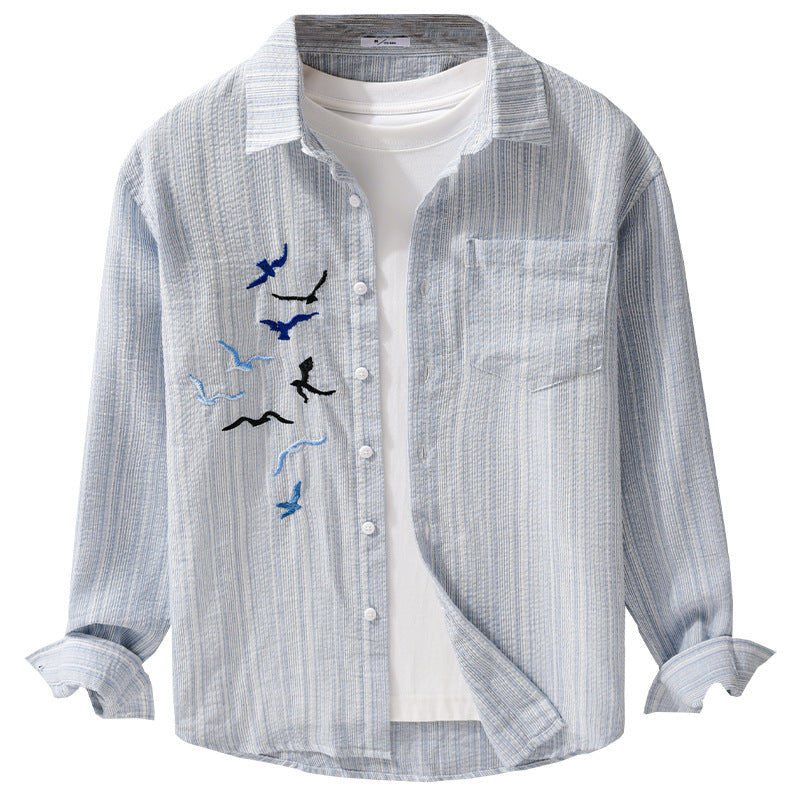 Men's lightweight striped overshirt made of linen-cotton blend with bird embroidery Chichicherry