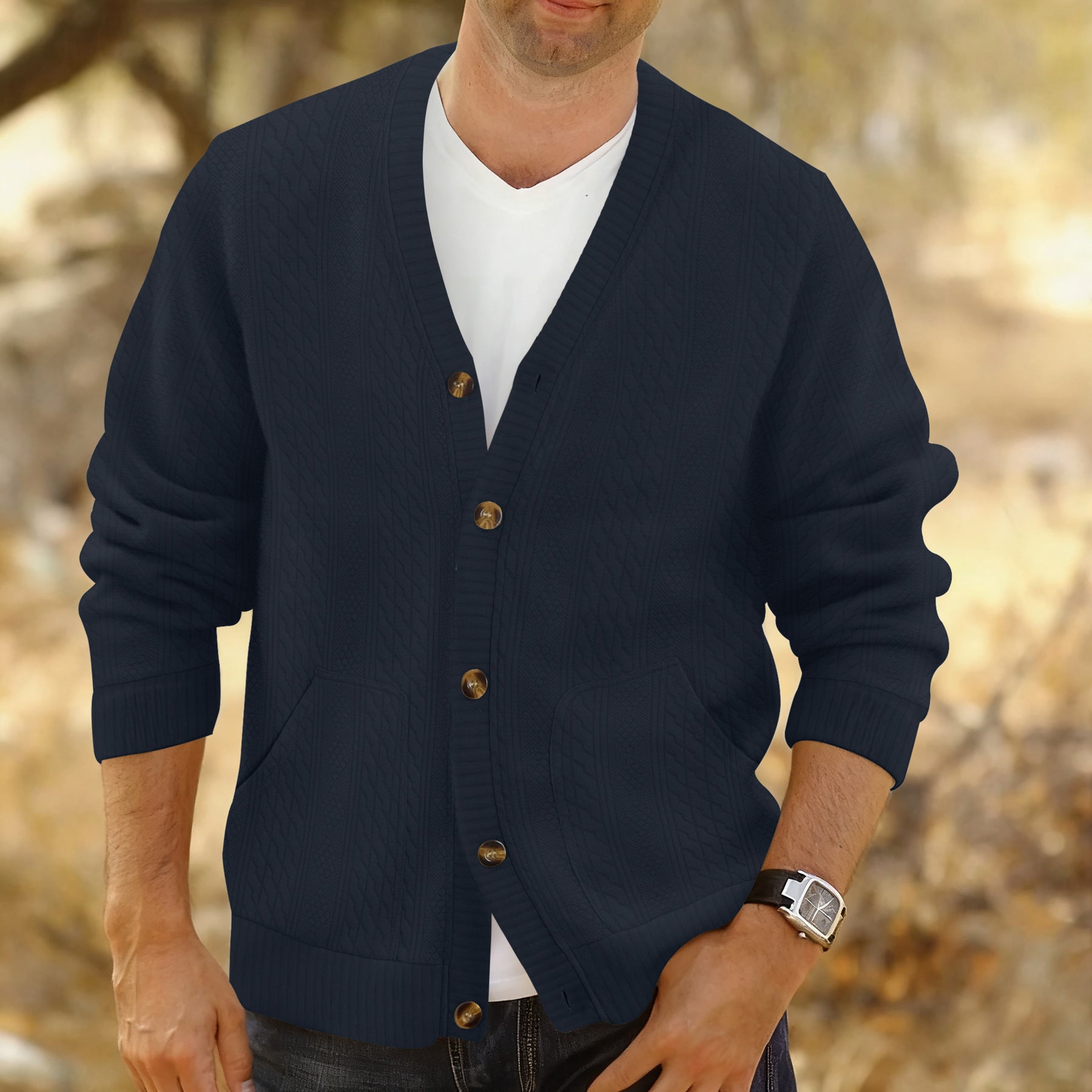 Men's Structured Knit Cardigan with Cable and Waffle Pattern, Button Placket and Patch Pockets Chichicherry