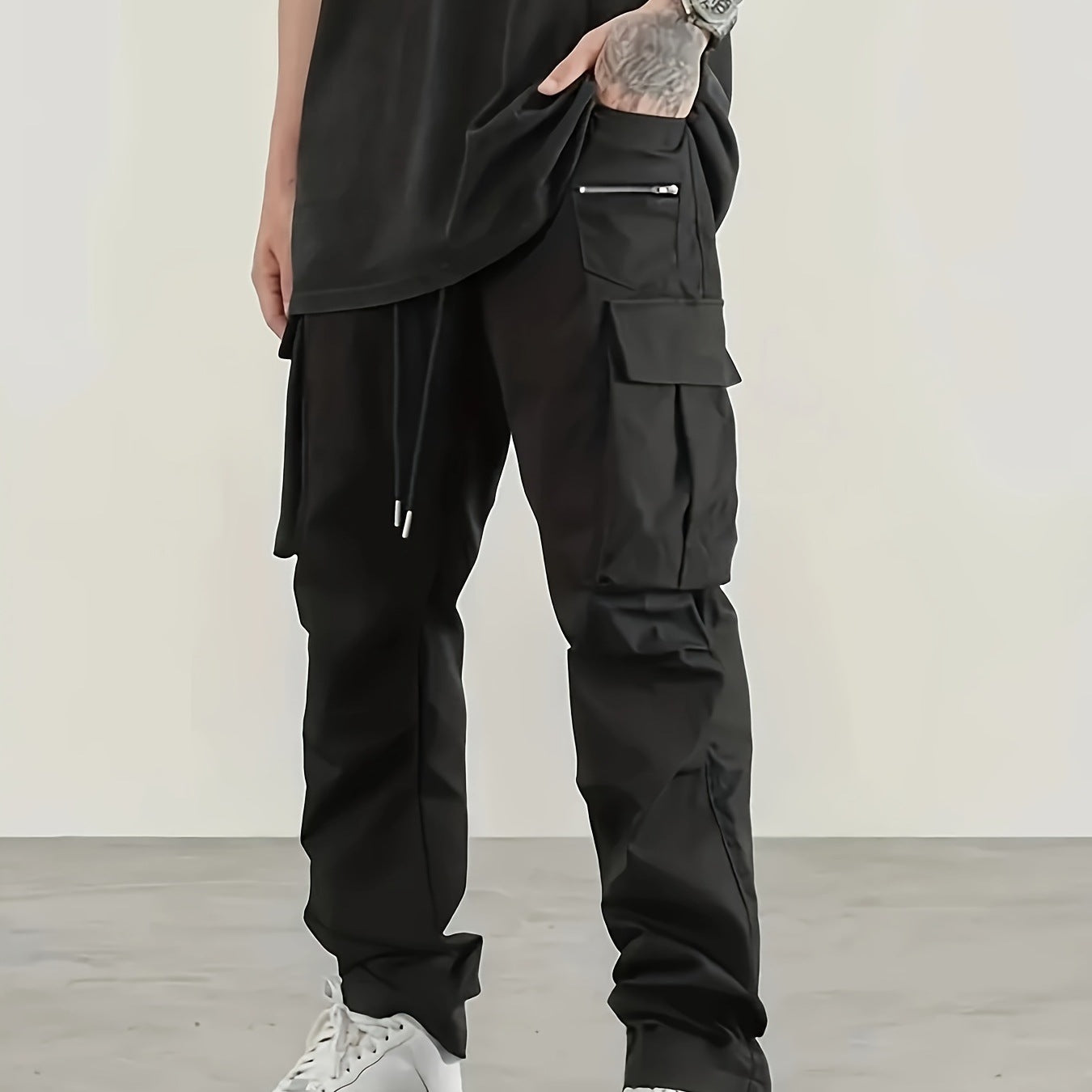 Men's utilitarian cargo pants with zip pocket, flaps & drawstring waist Chichicherry