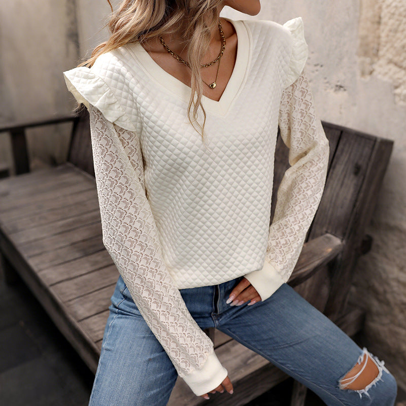 Women's Quilted V-Neck Sweatshirt with Ruffled Shoulder and Lace Sleeves Chichicherry