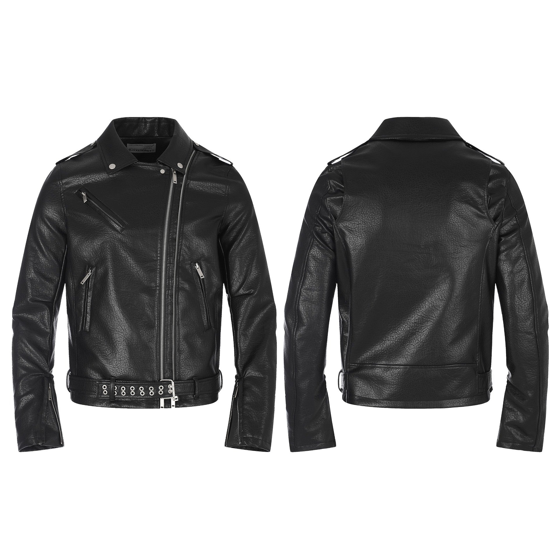 Men's faux leather biker jacket with asymmetrical zipper and eyelet belt Chichicherry