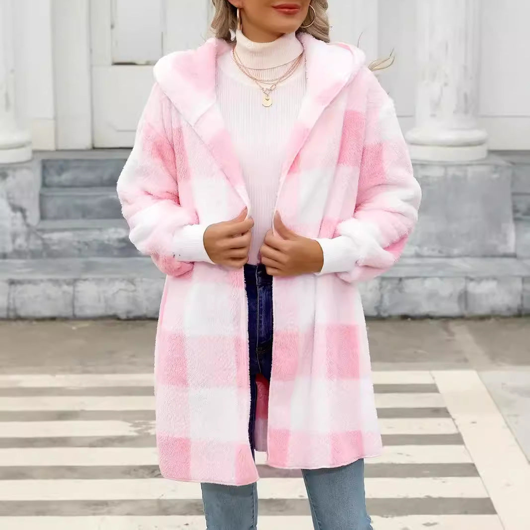 Women Oversize Checked Teddy Coat with Hood and Side Pockets Chichicherry