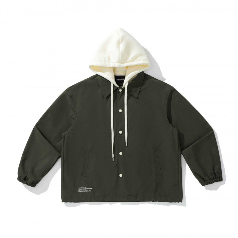 Unisex Two-Layer Overshirt Jacket with Attached Fleece Hood and Snap Button Placket Chichicherry