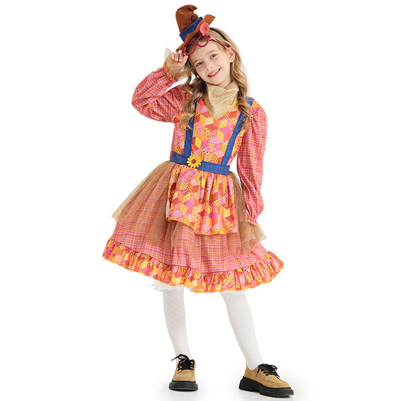 Girl Scarecrow Costume with Colorful Checkered Pattern and Stiff Hat Chichicherry