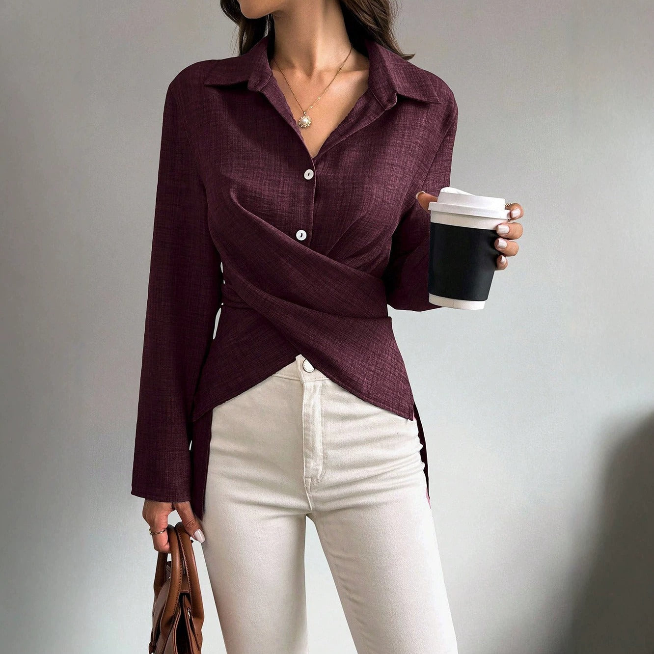 Women's wrap blouse with shirt collar, asymmetrical hem, and side slits Chichicherry