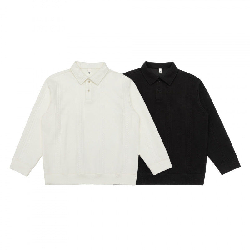 Unisex polo shirt knitted sweater with cable pattern, boxy cut and shirt collar Chichicherry